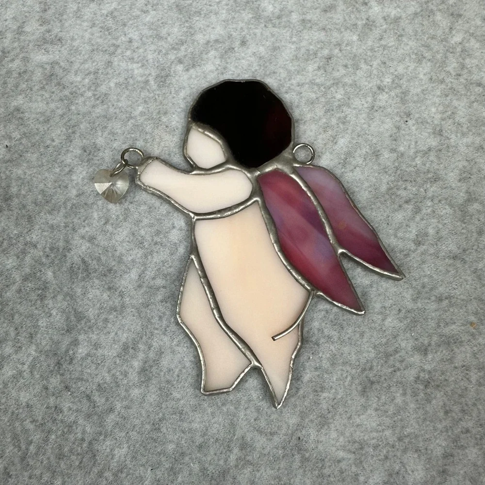Vtg Stained Glass Angel Suncatcher Pink Wings Crystal Heart Charm Ornament 4